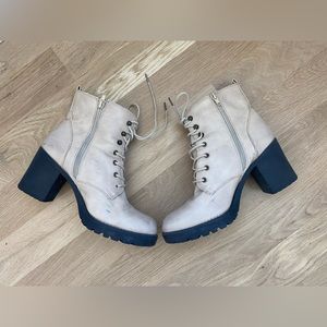 Cathy Jean Beige Lace Up x Zipper Heeled Booties